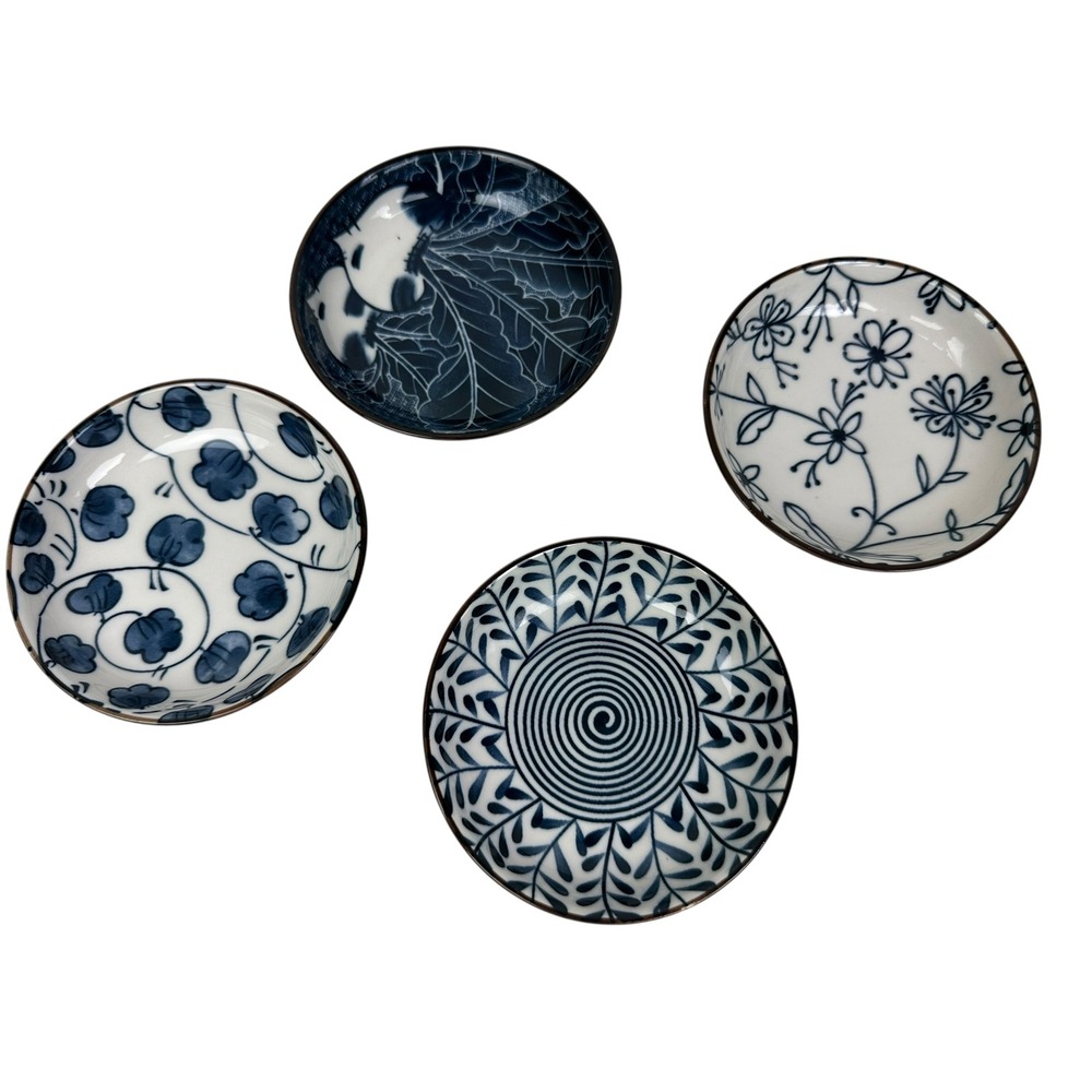 Sunnit Blue and White Ceramic Dipping Bowls Set of 4 Japanese Style Floral